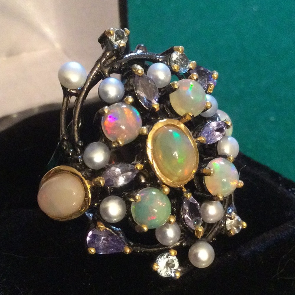Genuine Natural Opals, Tanzanite & Pearls Ring - Picture 5 of 15